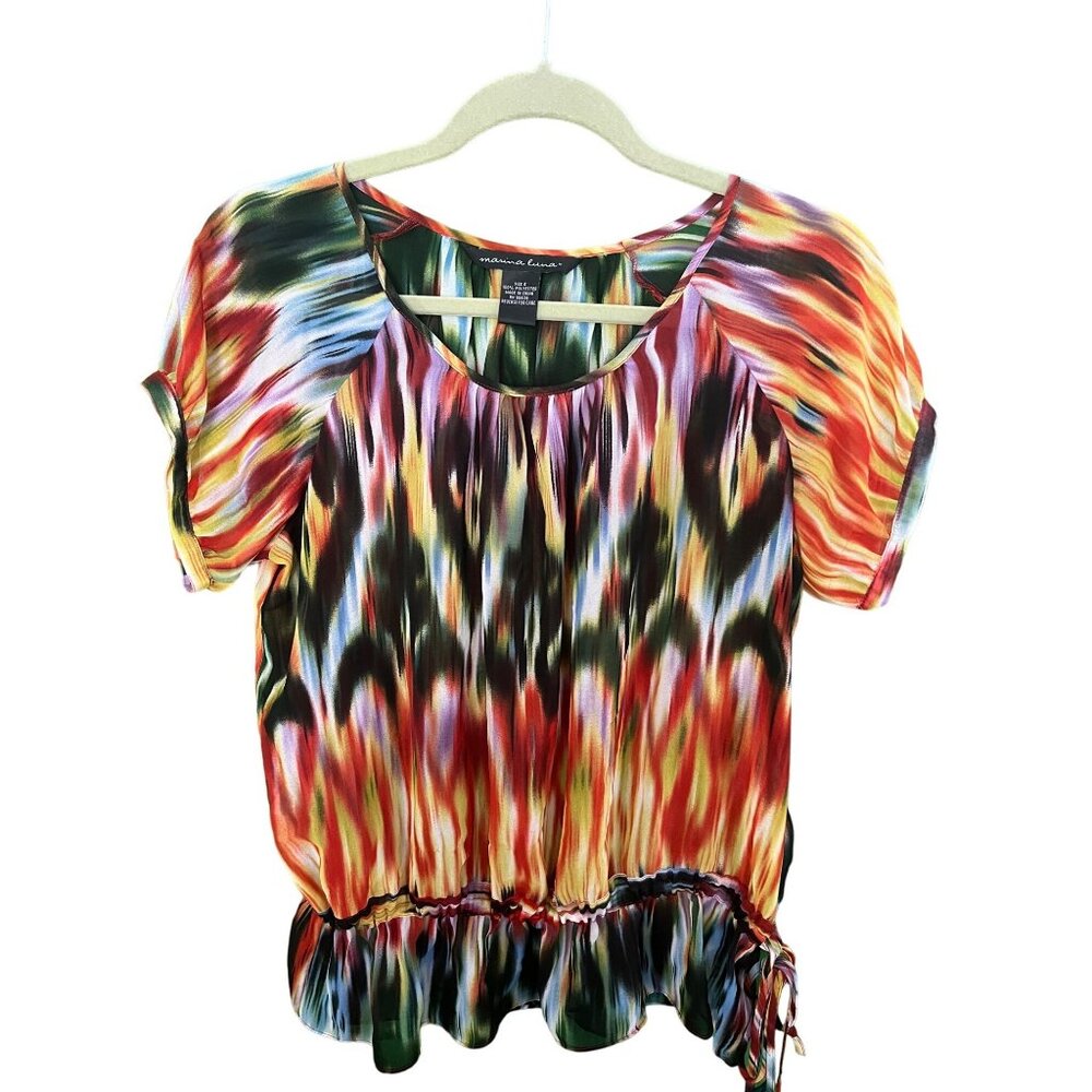 Marina Luna Women's Tie-Dye Top Blouse Size S Rainbow Splatter Design Semi Sheer